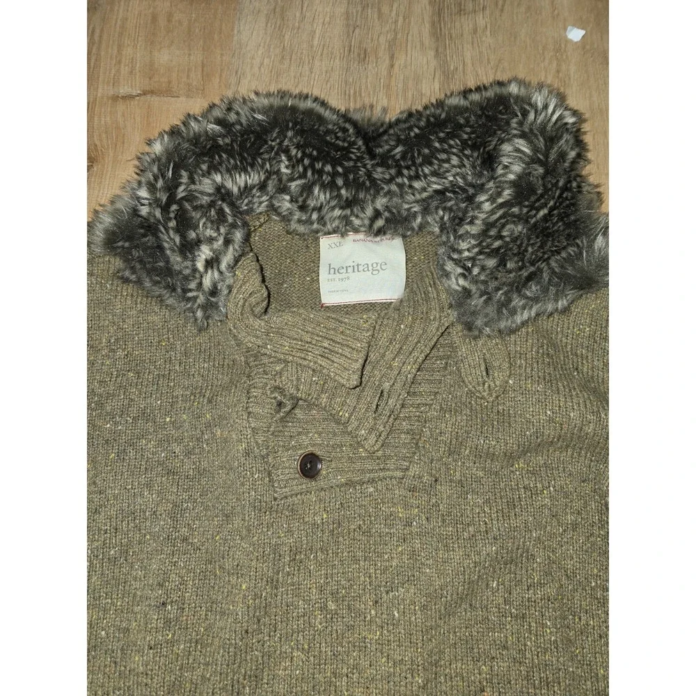 Banana Republic Heritage Men's XXL Olive Flecked Knit Henley Sweater Faux Fur...